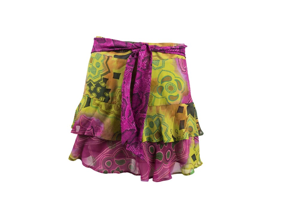 Etro Green Pink Multicolor Printed Silk Chiffon Tiered Mini Skirt Size 40